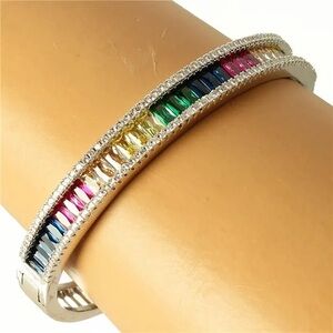 Rainbow sapphire CZ Pave Bangle statement Bracelet cuff silver emerald Ruby pink